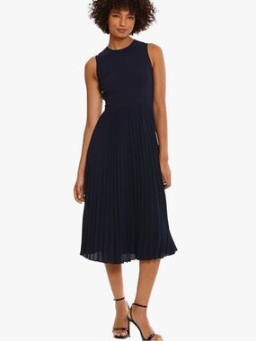 NEW Donna Morgan Sunburst Pleated Crew Neck Crepe A-Line Midi Navy Dress 16W